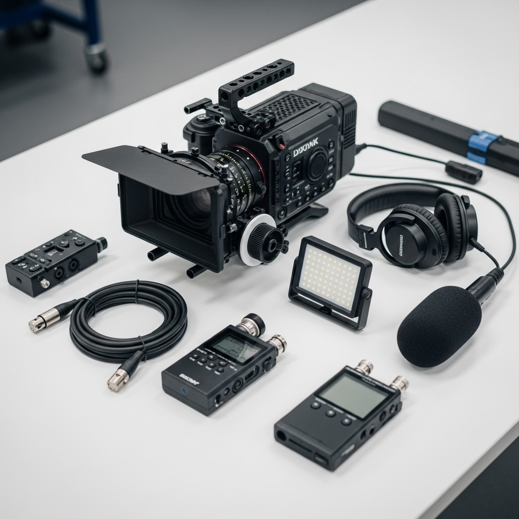 Documentary production crew filming on location with professional camera equipment